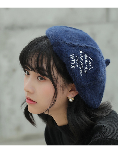 Fashion Navy Blue Embroidered Letters Plush Beret