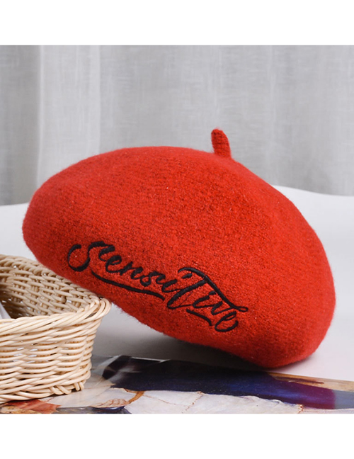 Fashion Big Red Wool Solid Color Season Embroidered Letter Beret