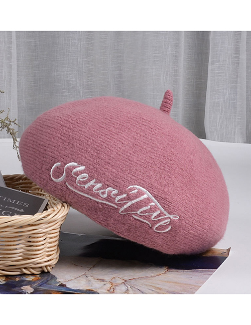 Fashion Skin Powder Wool Solid Color Season Embroidered Letter Beret