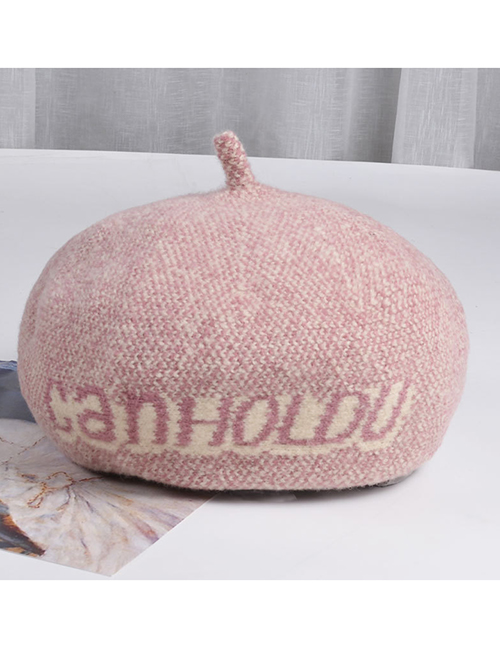 Fashion Leather Pink Letter Wool Contrast Beret