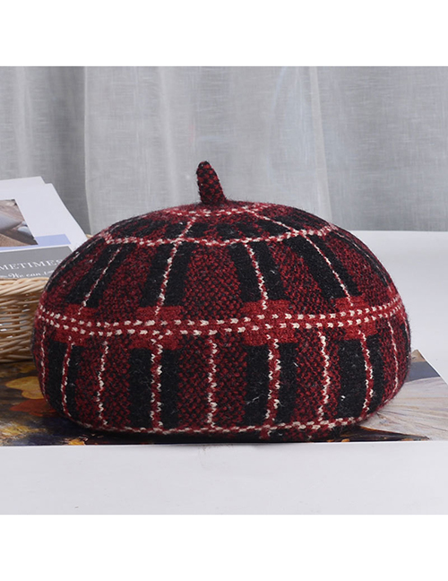 Fashion Wine Red Check Wool Check Beret