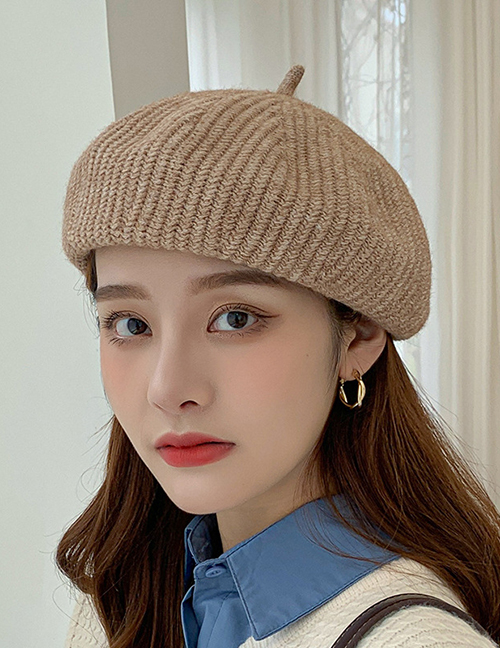 Fashion Khaki Knitted Wool Solid Color Octagonal Beret