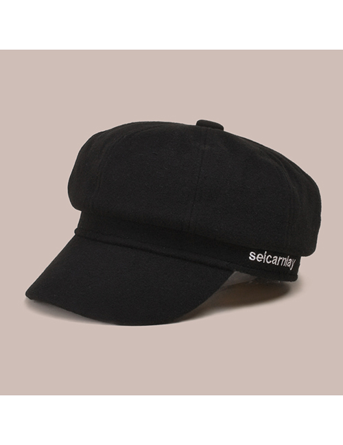 Fashion Black Solid Color Woolen Letter Embroidery Octagonal Hat