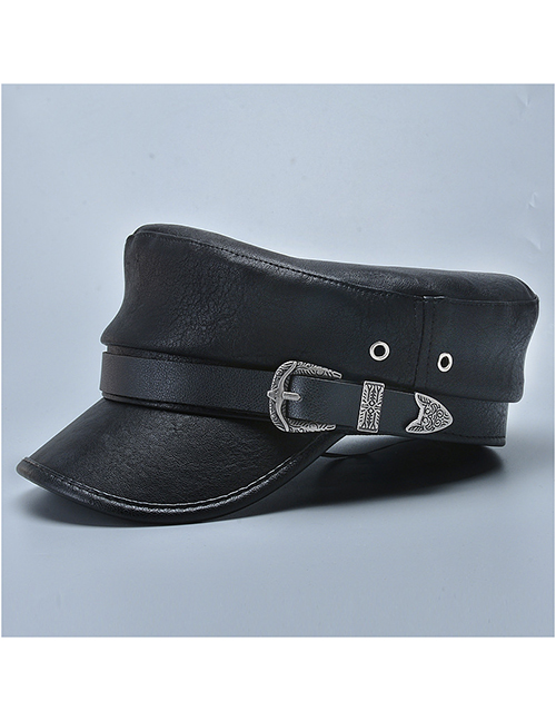Fashion Leather Cap Black Solid Color Octagonal Hat With Leather Belt Buckle
