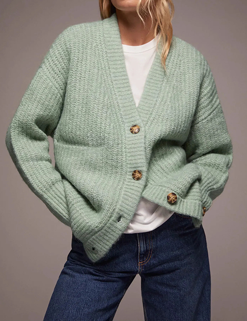 Fashion Green Large Pocket Stitching Single-breasted Knitted Jacket