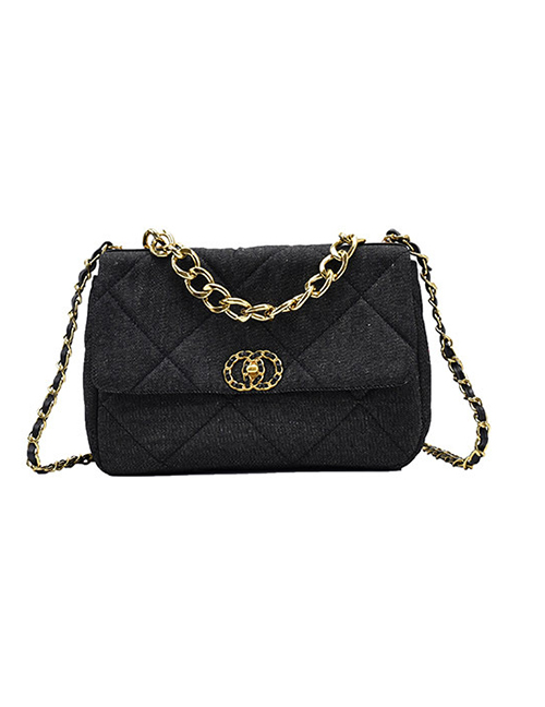 Fashion Black Chain Lock Diamond Shoulder Messenger Bag