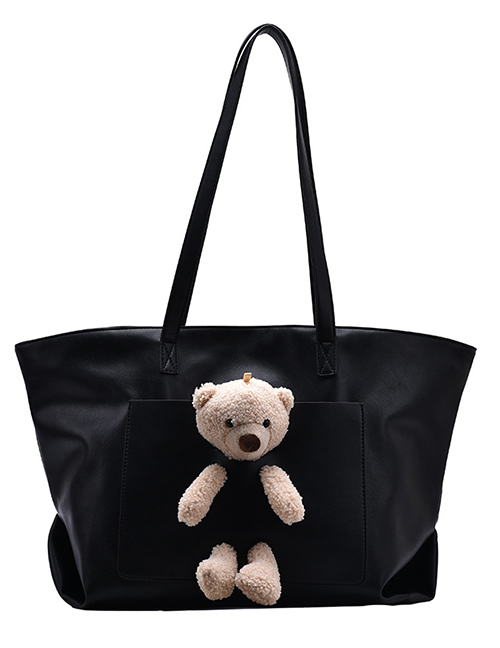 Fashion Black Large Capacity Bear Doll Stitching Contrast Color Shoulder Bag