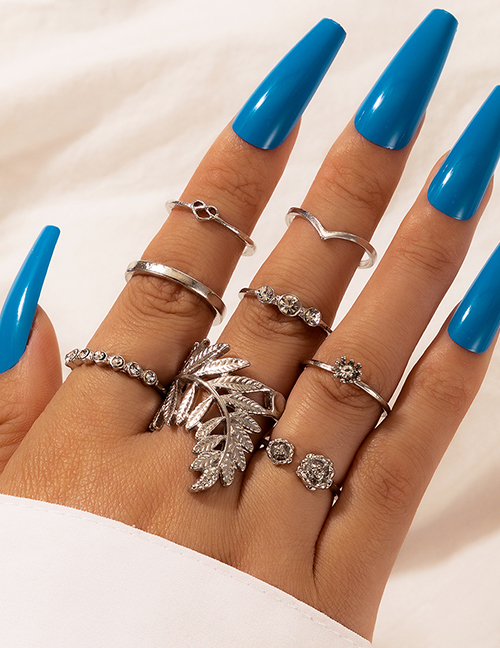 Fashion Silver V-shaped Diamond Flower Leaf Love Open Ring Set