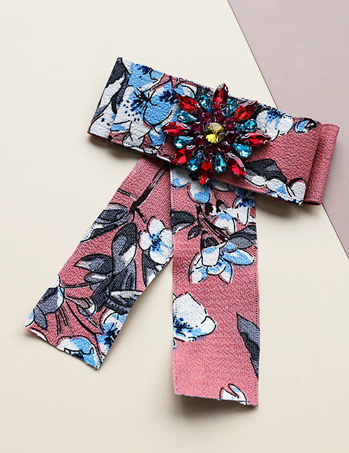 Fashion Pink Fabric Printed Diamond Flower Bow Tie Brooch
