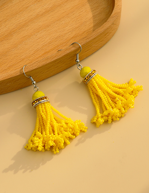 Fashion Yellow Rice Beads Tassel Crystal Earrings