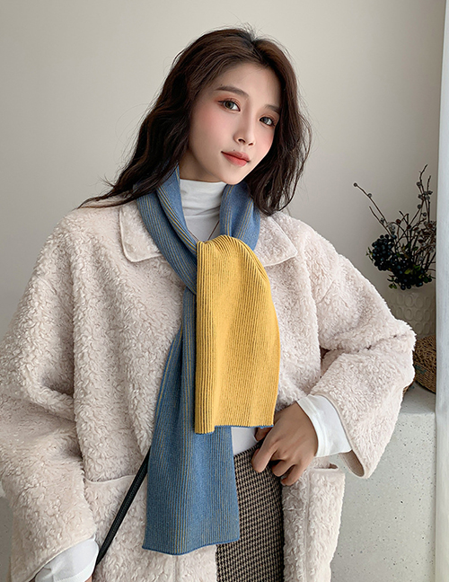 Fashion Double-sided Two-color Blue And Yellow Double-sided Contrast Color Wool Knitted Scarf