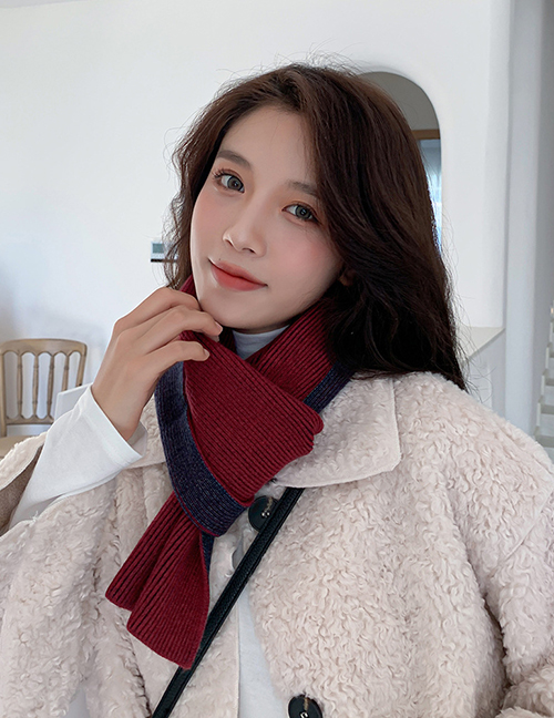 Fashion Double-sided Two-tone Wine Red Double-sided Contrast Wool Knitted Scarf