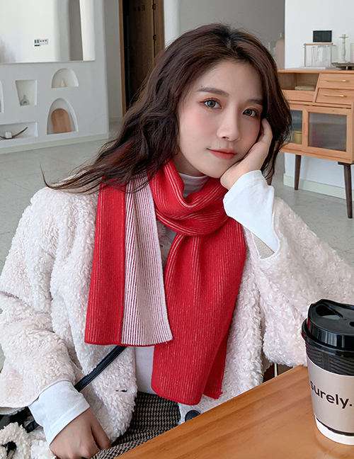 Fashion Double-sided Two-color Red Double-sided Contrast Wool Knitted Scarf