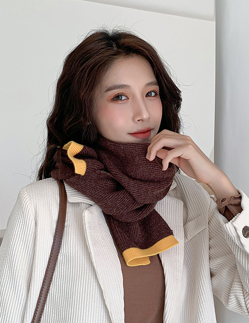 Fashion Coffee Bottom Yellow Edge Two-tone Stitching Contrast Wool Knitted Scarf