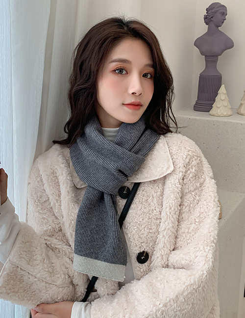 Fashion Dark Gray Bottom Light Gray Edge Two-tone Stitching Contrast Wool Knitted Scarf