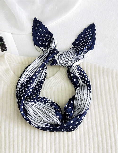Fashion Wide Wrinkled Shiny Lattice Navy Pleated Silk Contrast Geometric Print Small Square Scarf