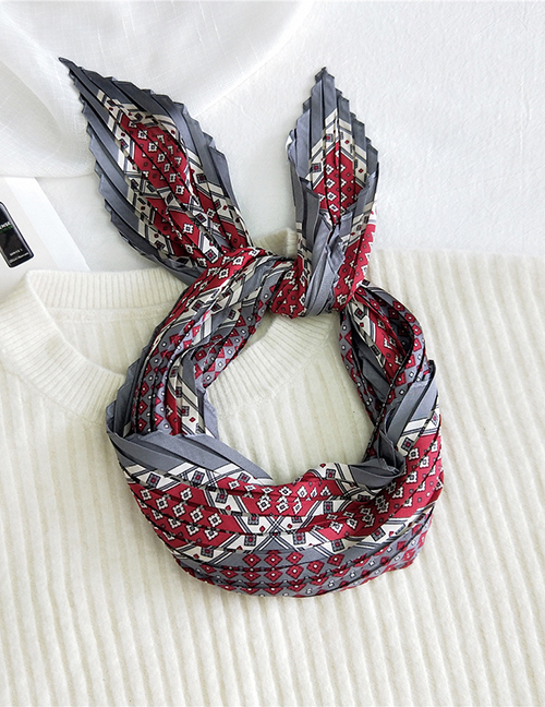 Fashion Wide Wrinkled Small Box Wine Red Pleated Silk Contrast Geometric Print Small Square Scarf