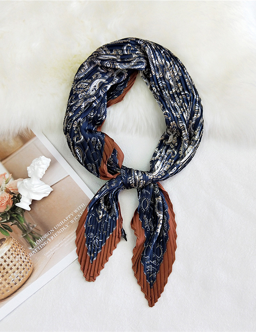 Fashion Wrinkled Butterfly Waist Flower Navy Pressed Crepe Imitation Silk Printed Contrast Small Square Scarf