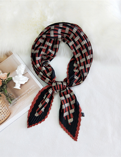 Fashion Wrinkled Braided Red Edge Pressed Crepe Imitation Silk Printed Contrasting Small Square Scarf