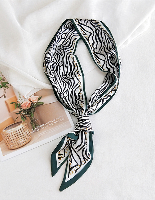 Fashion Zebra Alphabet With Green Border Imitation Silk Flower Printing Contrast Small Long Narrow Silk Scarf