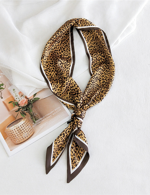 Fashion Little Leopard Yellow Brown Imitation Silk Flower Printing Contrast Small Long Narrow Silk Scarf