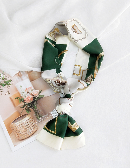 Fashion Ladies Picture Frame Beige Green Imitation Silk Flower Print Small Long Narrow Square Scarf