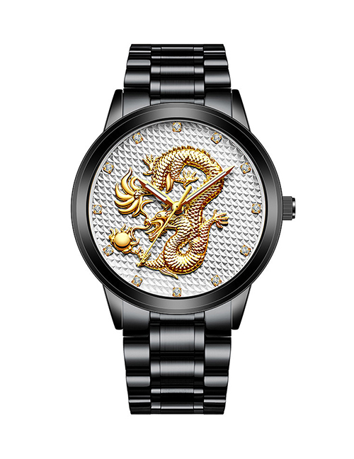 Fashion Black With White Noodles Embossed Dragon Non Mechanical Steel Band Quartz Mens Watch