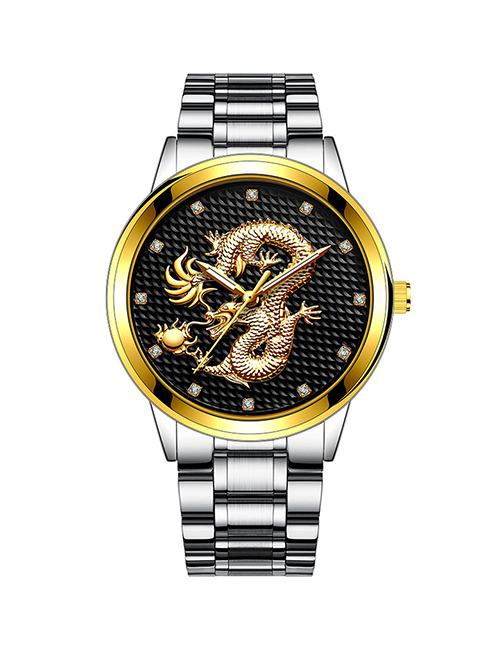 Fashion Silver Color With Black Face Embossed Dragon Non Mechanical Steel Band Quartz Mens Watch