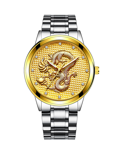 Fashion Silver Color With Gold Color Noodles Embossed Dragon Non Mechanical Steel Band Quartz Mens Watch