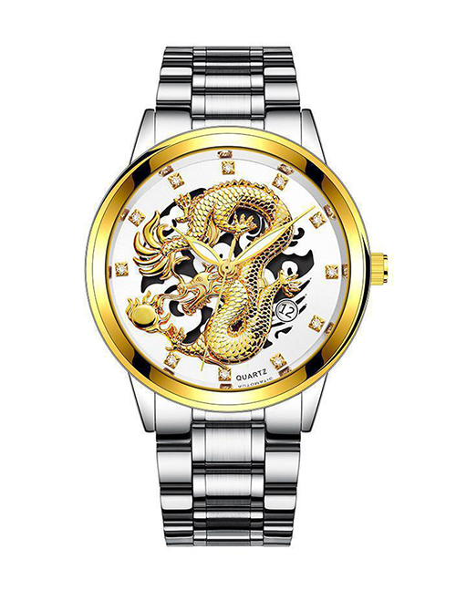 Fashion Silver Color With White Noodles Embossed Dragon-shaped Single Calendar Dial Steel Band Mens Watch