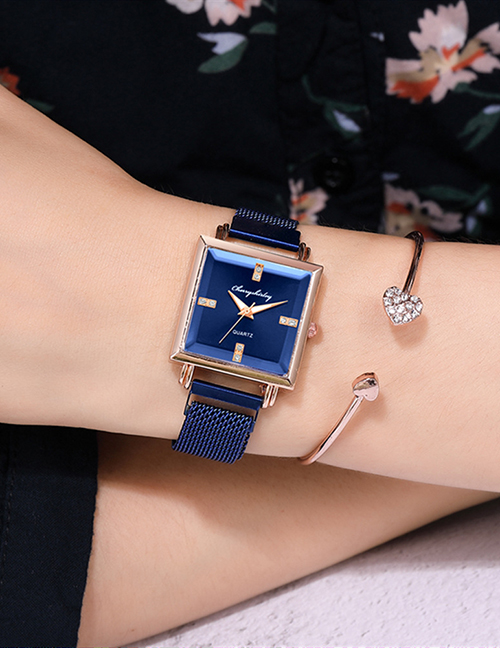 Fashion Blue Square Dial Magnet Buckle Mesh Strap Watch