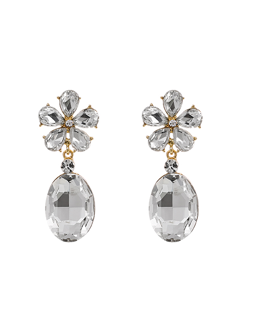 Fashion White Alloy Diamond Flower Oval Diamond Stud Earrings