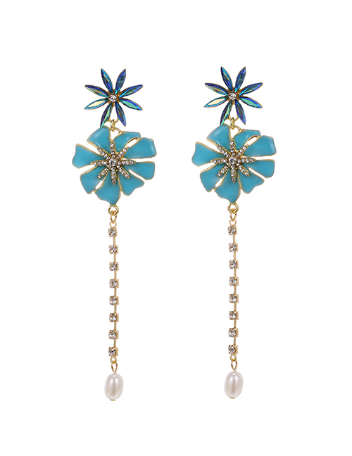 Fashion Blue Alloy Oil Drop Diamond Flower Earrings