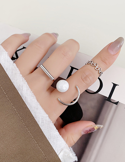Fashion Silver Color Pearl Geometric Chain Alloy Ring Set