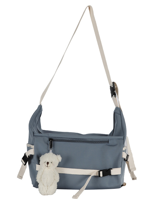Fashion Blue Send Bear Pendant Large-capacity Canvas Buckle Stitching Contrast Color Crossbody Shoulder Bag