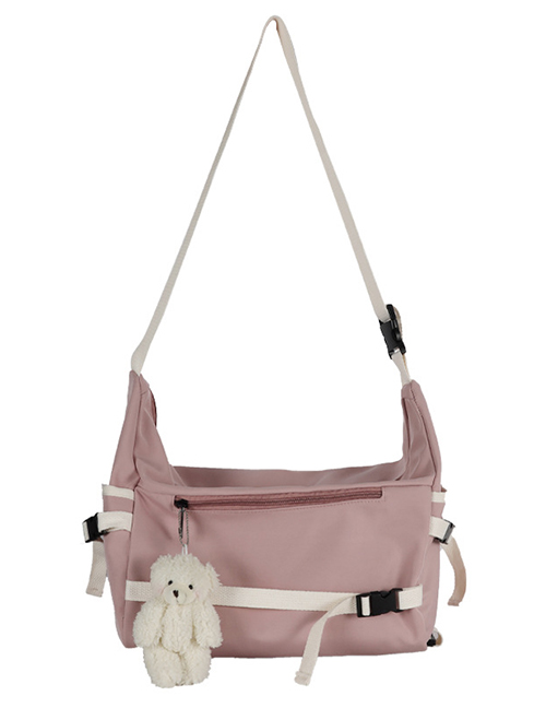 Fashion Pink Bear Pendant Large-capacity Canvas Buckle Stitching Contrast Color Crossbody Shoulder Bag