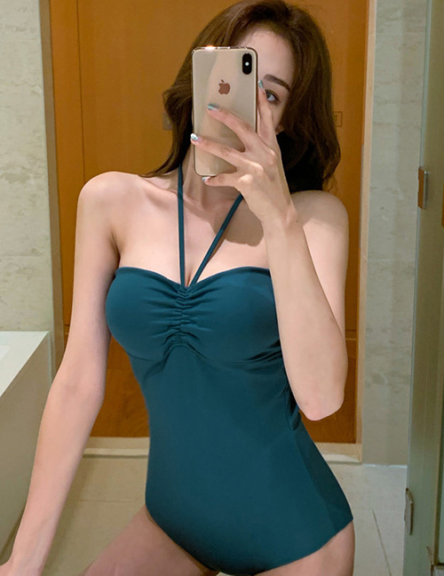 Fashion Dark Green Halter Sling Pleated Solid Color One-piece Swimsuit