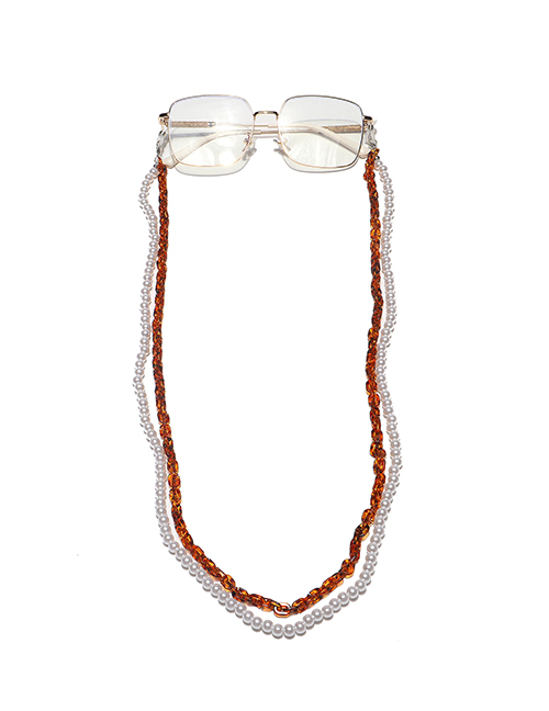 Fashion Brown Double Layer Acrylic Pearl Plastic Leopard Print Glasses Chain