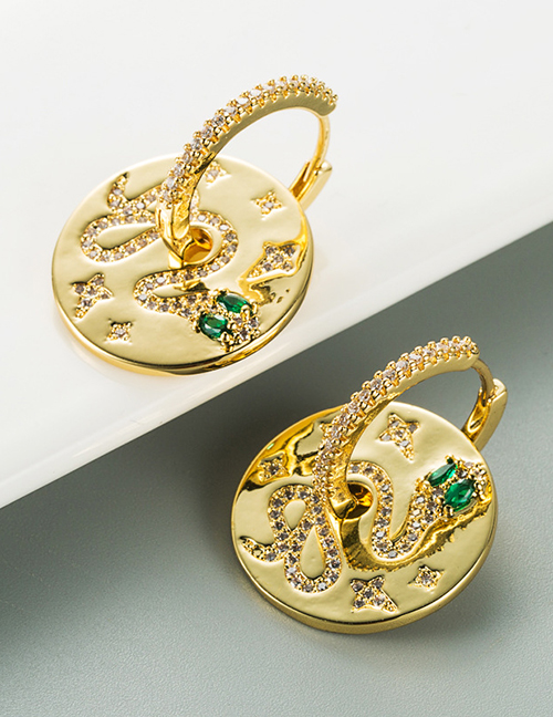 Fashion Gold Color Large Circle Serpentine Embossed Copper Plated Real Gold Earrings With Zircon