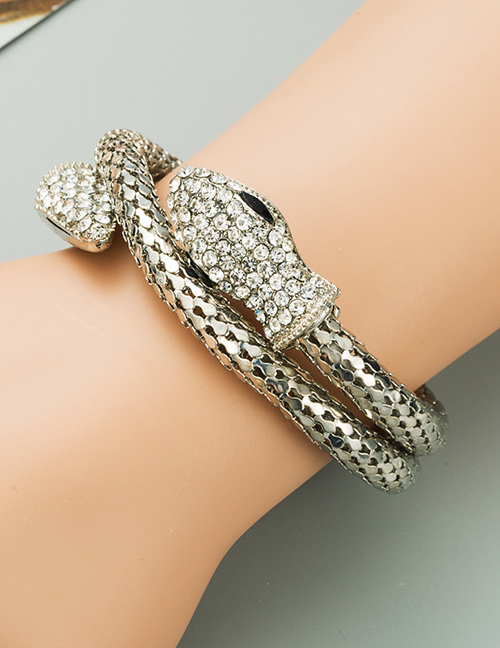 Fashion Silver Color Snake-shaped Winding Alloy Bracelet With Rhinestones