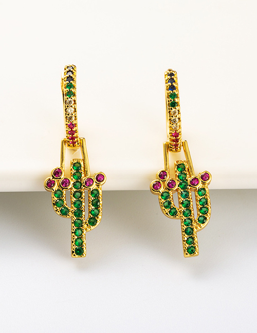 Fashion Color Real Gold Plated Cactus And Diamond Earrings