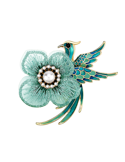 Fashion Green Crystal Phoenix Bird Diamond Pearl Flower Brooch