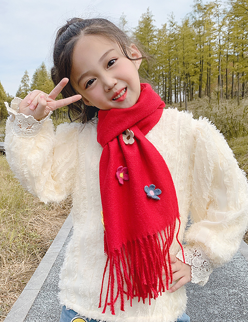 Fashion Red 2 Years Old -12 Years Old Flower Tassel Woolen Knitted Children Scarf