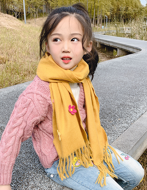 Fashion Yellow 2 Years Old -12 Years Old Flower Tassel Woolen Knitted Children Scarf