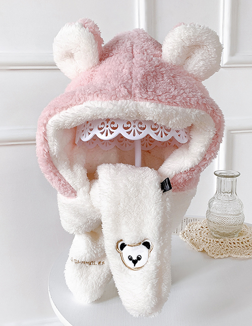 Fashion Pink 6 Months-4 Years Old Little Bear Plush Contrast Color Childrens Hat And Scarf
