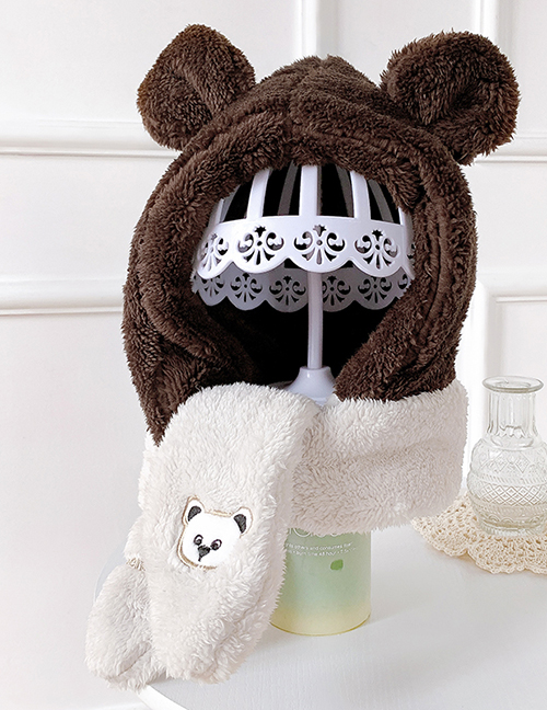 Fashion Coffee Color 6 Months-4 Years Old Little Bear Plush Contrast Color Childrens Hat And Scarf
