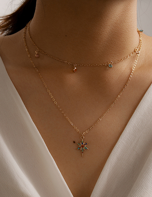 Fashion Gold Color Multi-layered Necklace With Geometric Stars And Diamonds