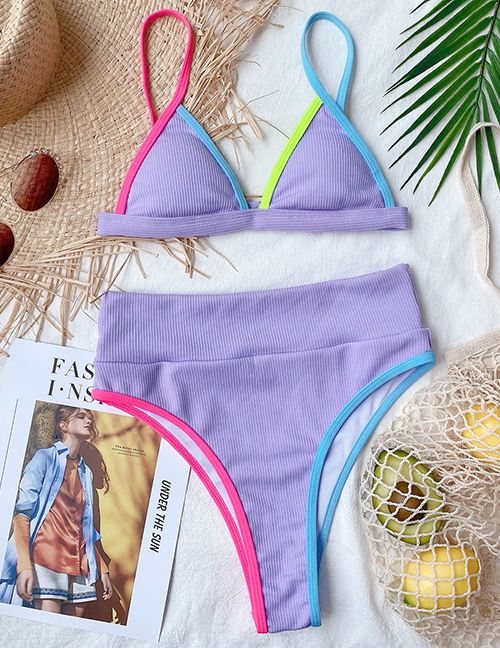 Fashion Purple Contrasting Color Cutout Split Swimsuit