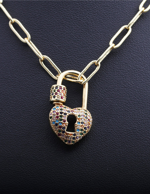 Fashion Color Zirconium Love Lock Lock-shaped Love Heart Micro-inlaid Zircon Hollow Necklace