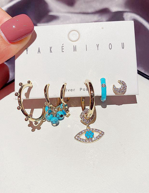 Fashion Real Gold Plated Micro-set Zircon Eyes Turquoise Geometric Earrings Set